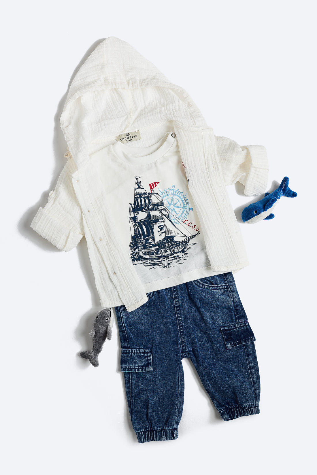 Denizci Temalı Beyaz Müslin Gömlek Erkek Çocuk 3’lü Takım